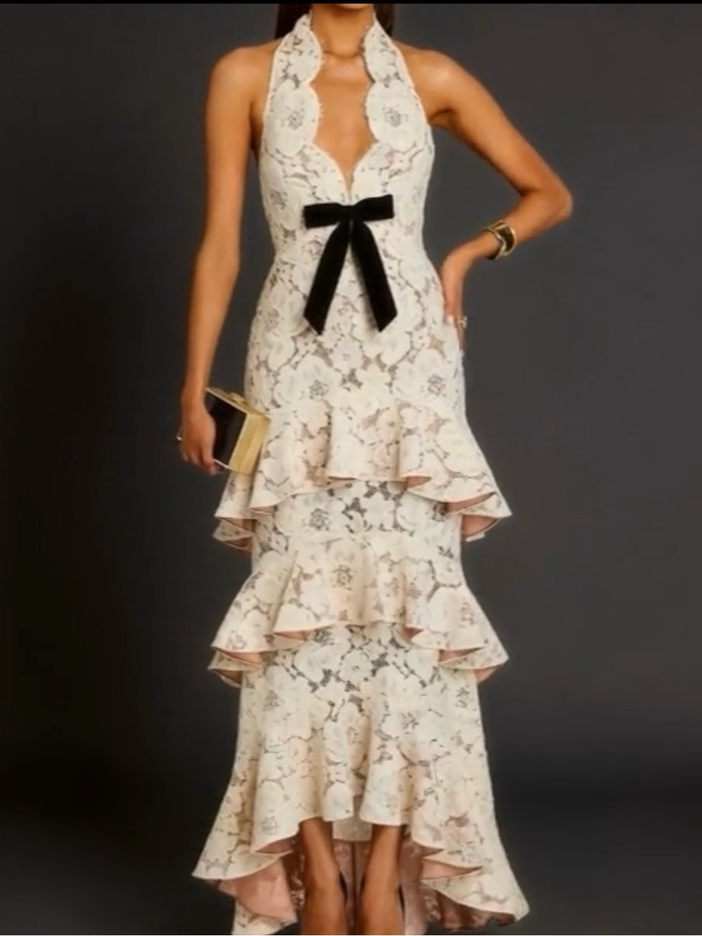 Ivory Lace Halter Ruffle Maxi Dress with Black Bow